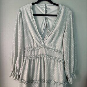 Women L Sheer Lined Bell Sleeve Open Back Dress Mint Green bohemian festival y2k